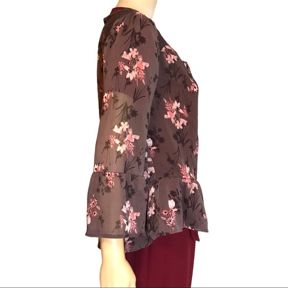 Bell Du Jour Boho Lace Panel Sheer Drop Shoulder Top Brown Floral XS - Picture 4 of 9